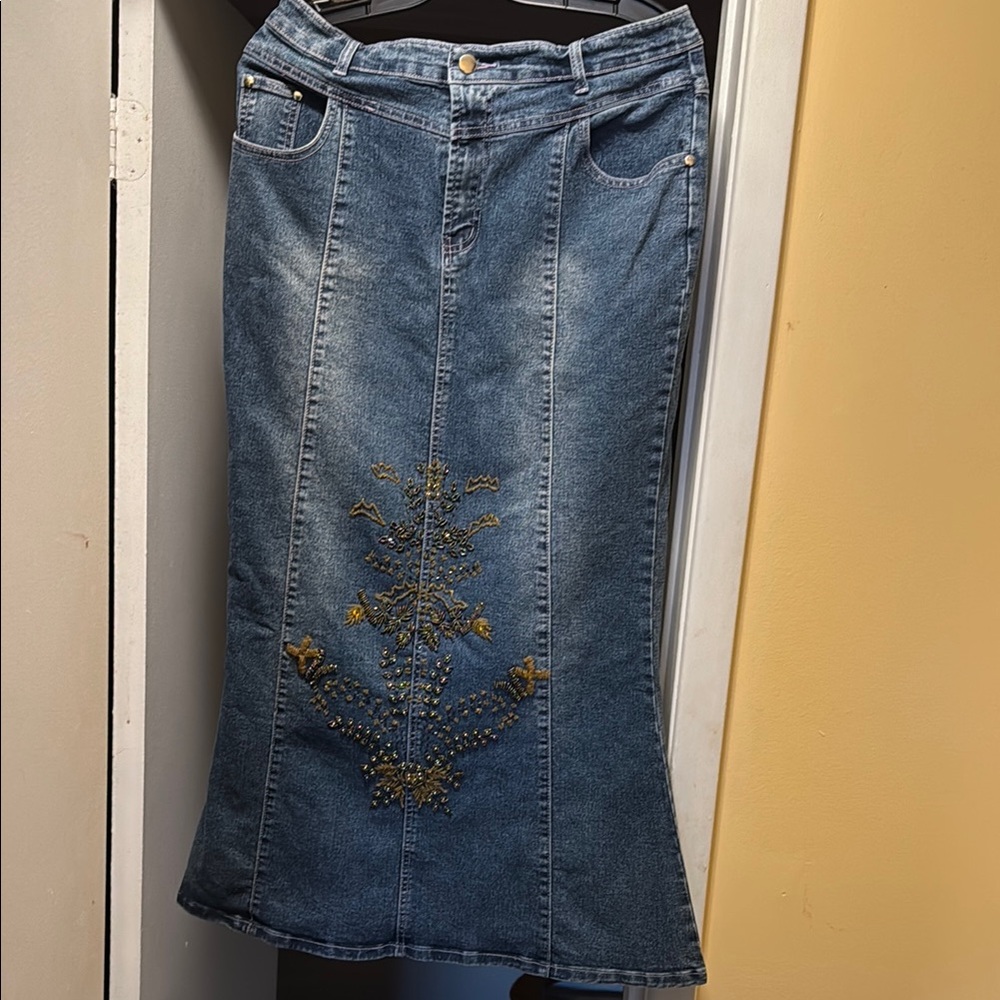 Embroidered Denim Maxi Skirt